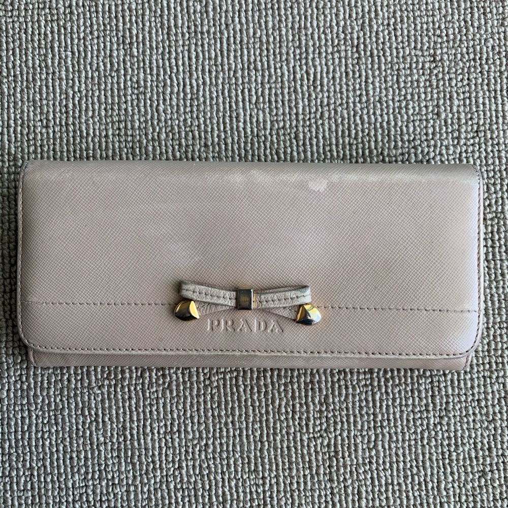 PRADA wallet beige women’s bow snap closure organizer credit card bag leather